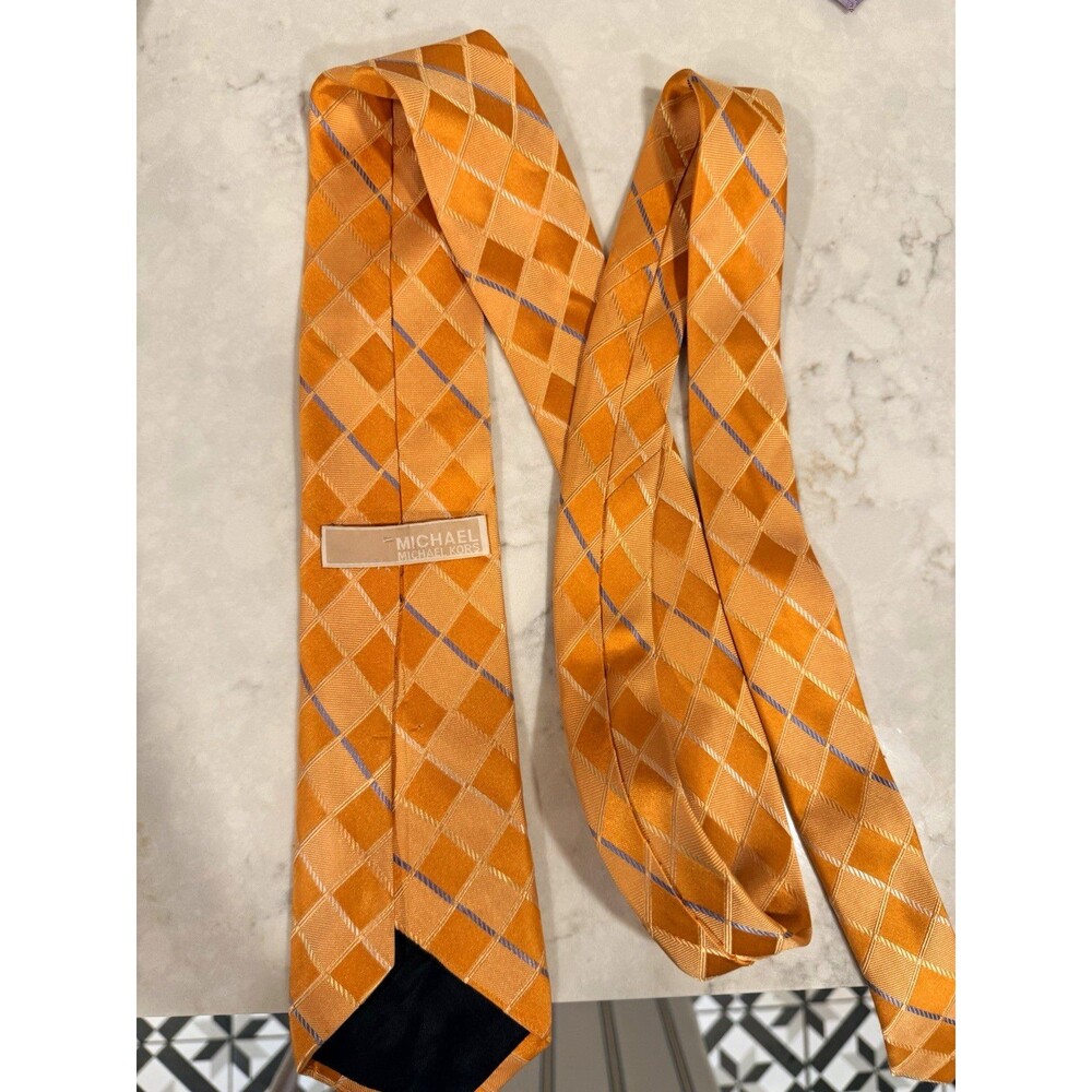 Michael Kors Men's Orange Tan Blue Plaid & Check Woven Silk Pointed Tie